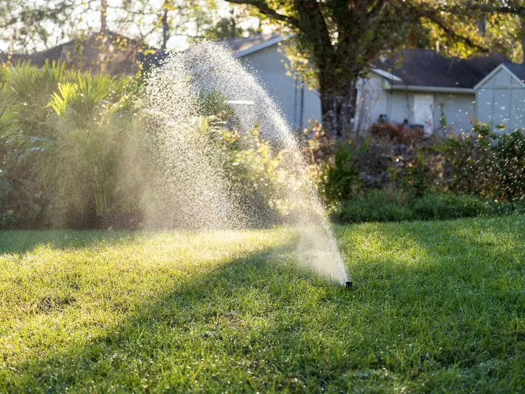 Irrigation system head being inspected for leaks and proper coverage on a residential lawn in North Florida