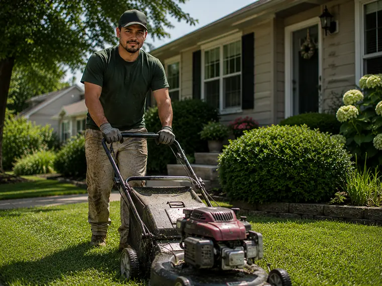 Lawn mowing in progress on a residential property in North Florida - professional crew with clean equipment and consistent cut